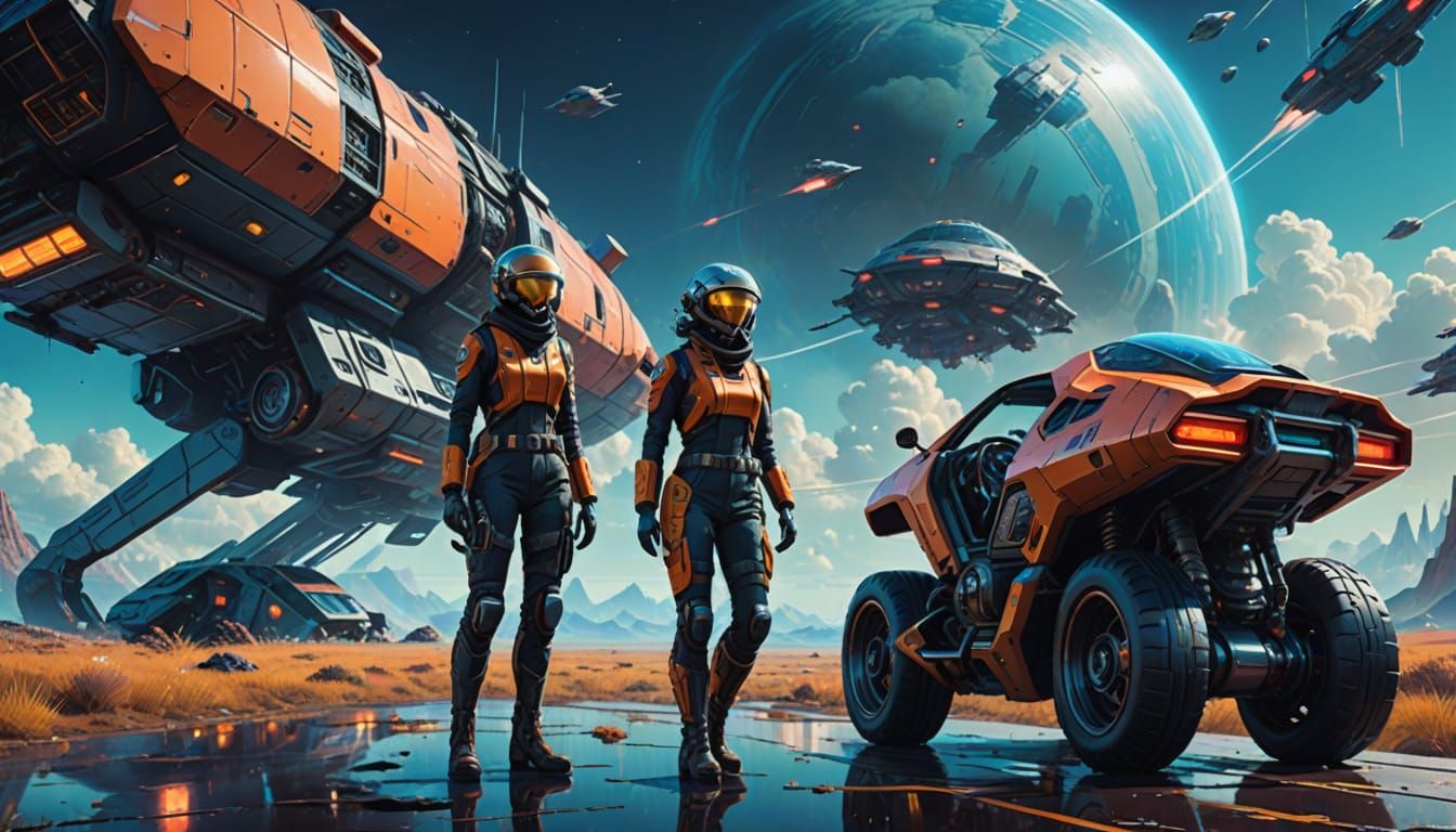 Epic Futuristic Landscape with Young Pilot and Cyborg