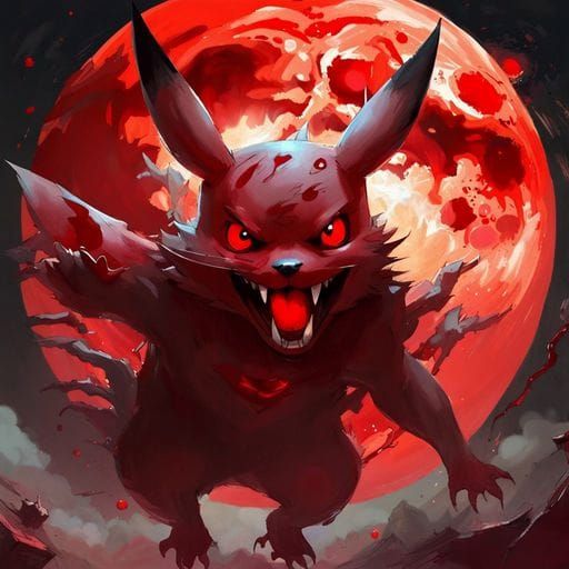 Menacing Pikachu Under Blood Moon in Japanese Art Style