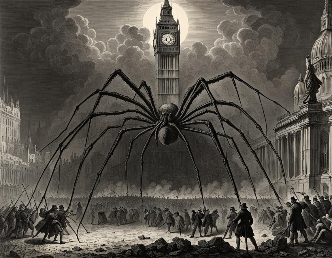Giant Spider Destroys Big Ben: Gustave Doré Etching