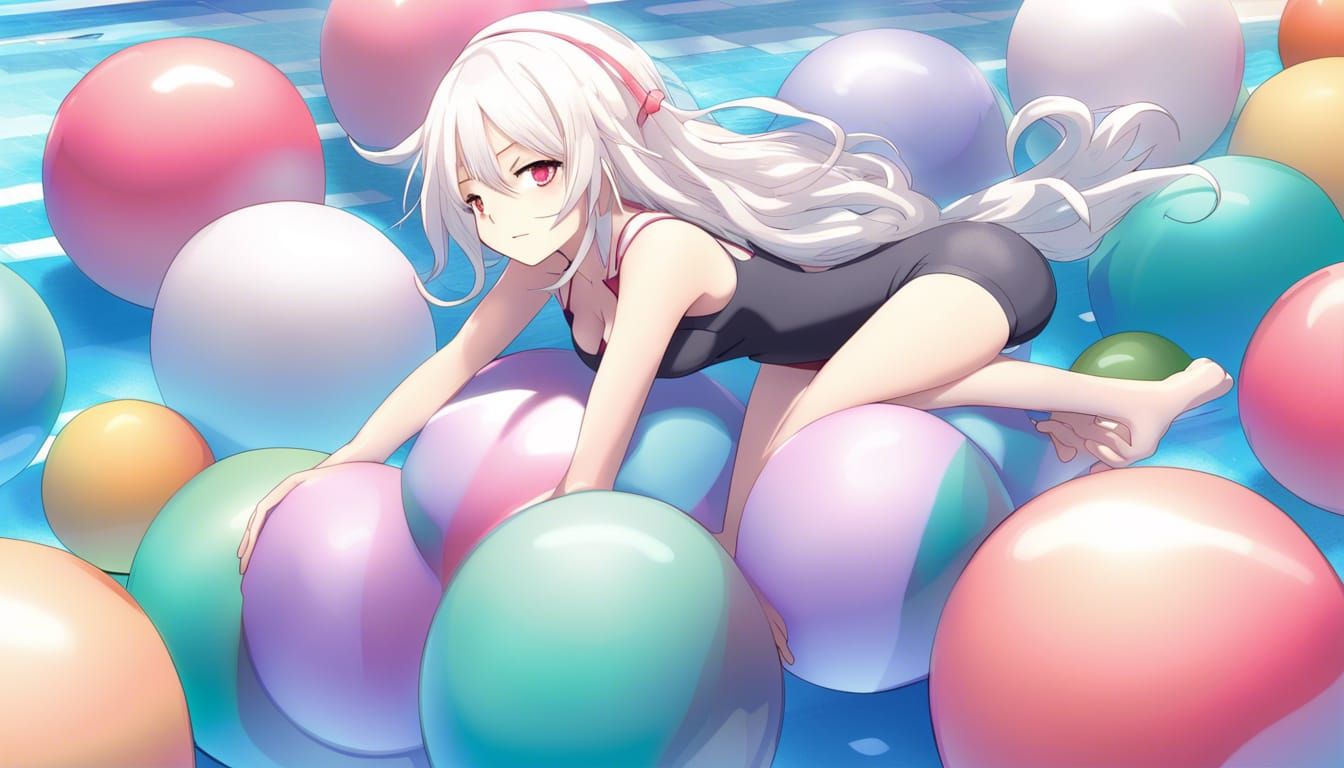 Anime Girl on Yoga Balls in Swimming Pool
