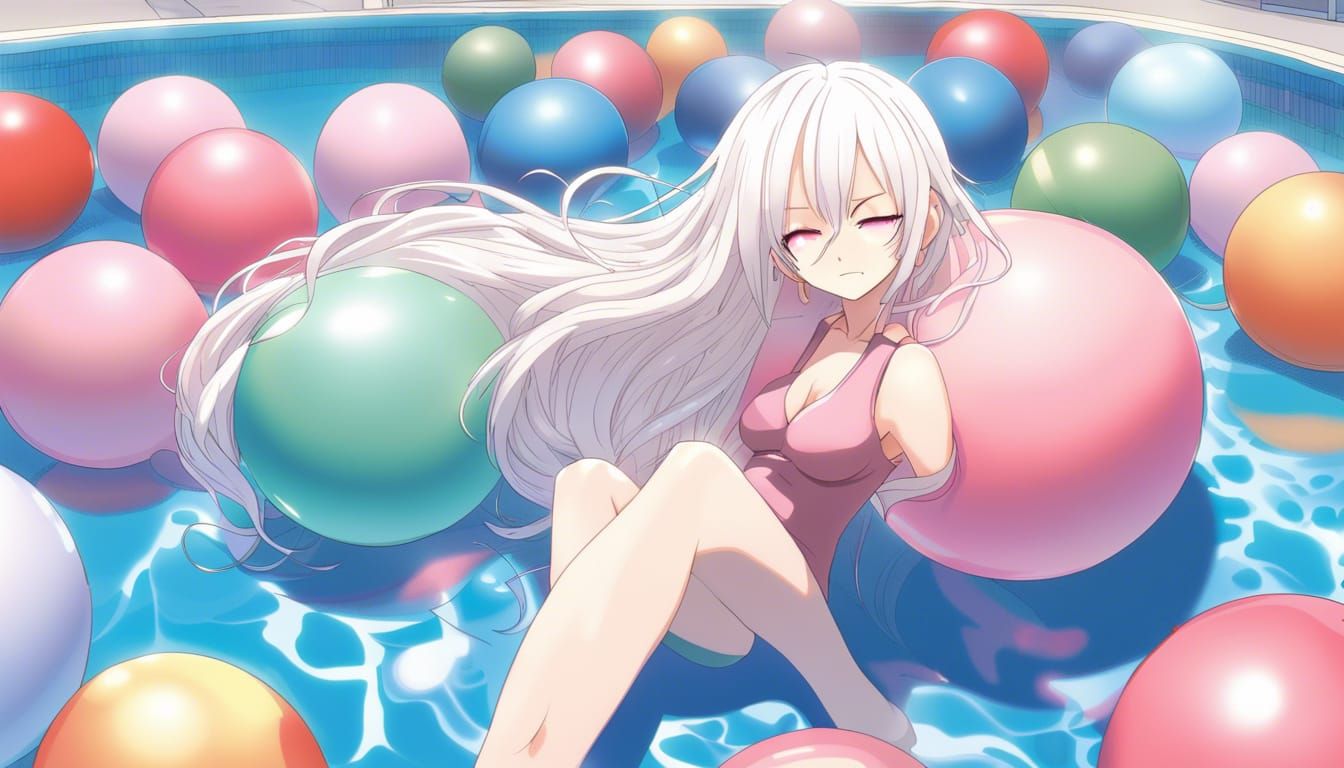 Anime Girl Lounging on Yoga Balls in Swimming Pool