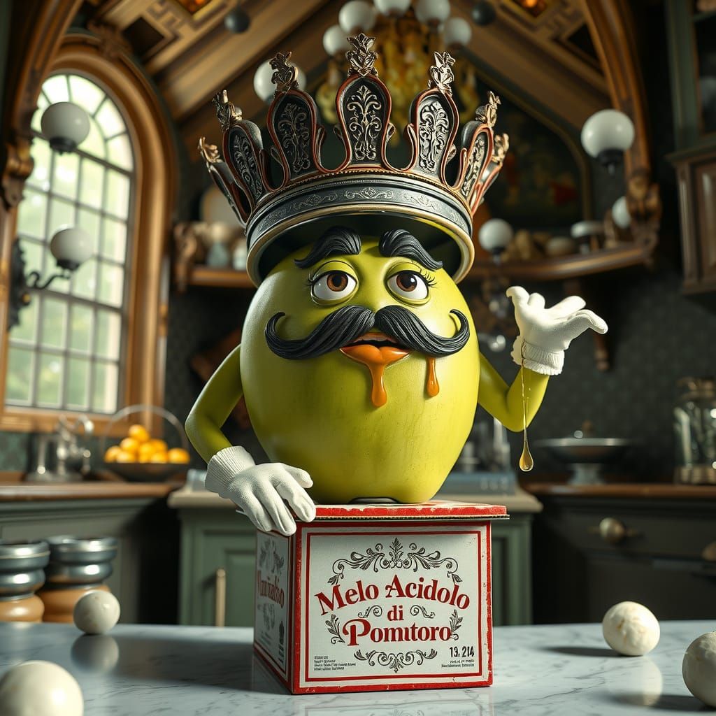 Surreal Apple King in Italian Kitchen Scene