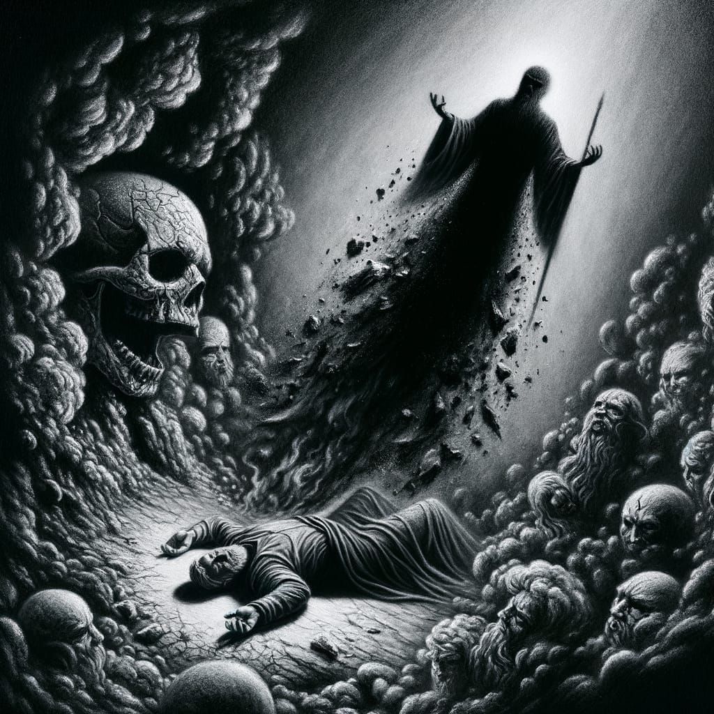 Charcoal Art: Evil Triumphs Over Good in Abstract Scene