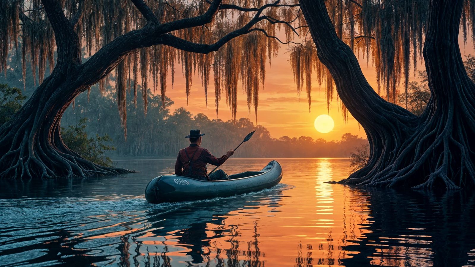 A futuristic canoe glides silently through a Louisiana bayou...