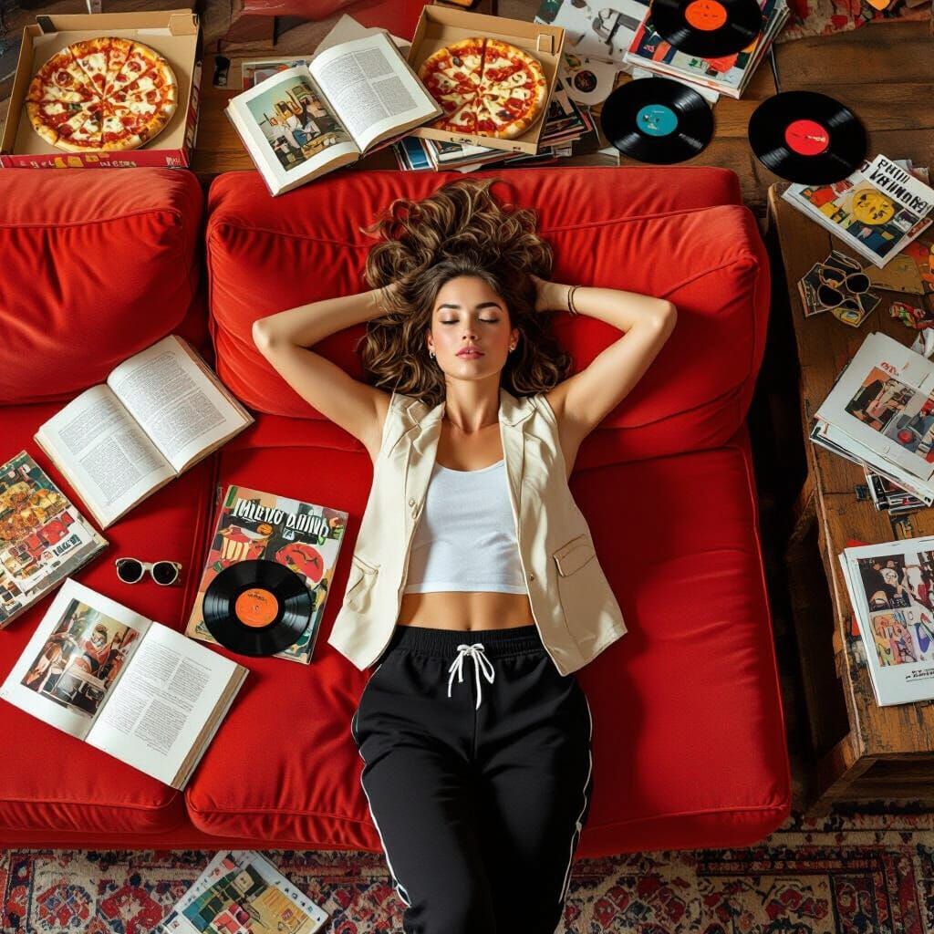 Cinematic Photo of Woman Asleep Amid Creative Chaos