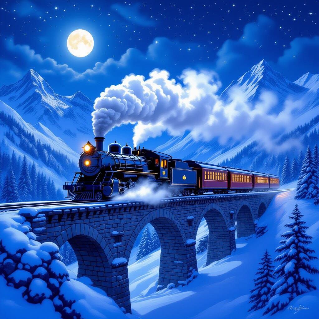 Vintage Christmas Train Crossing Snowy Mountain Bridge at Ni...