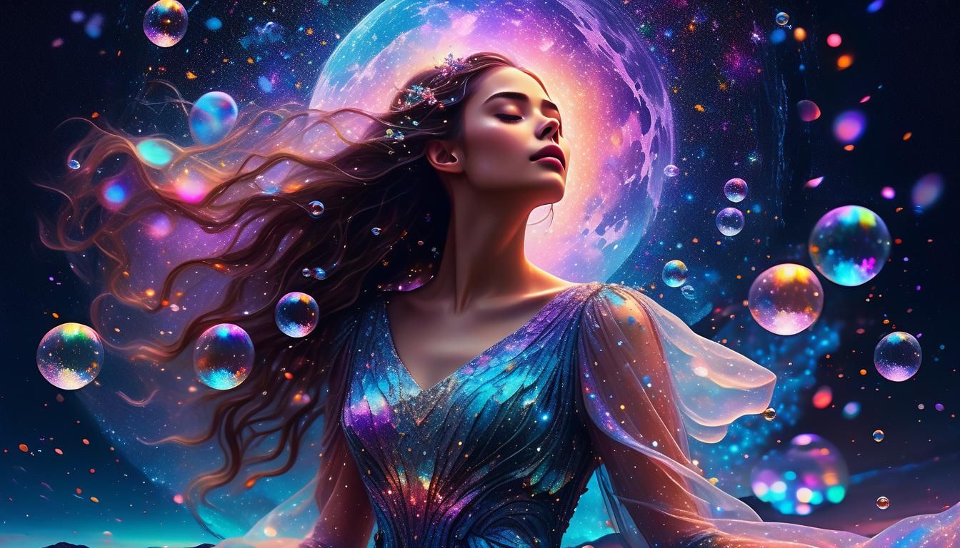 Lunar Dreamscape: Woman in Gown Amidst Starry Sky