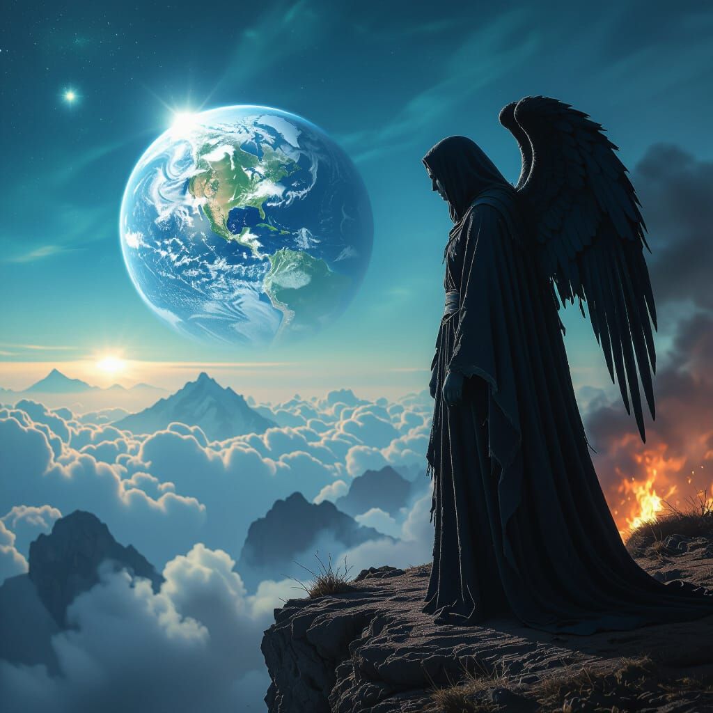 Sorrowful Angel Contemplates Earth's Destruction