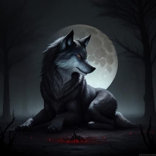 Fearsome Wolf-Man Hybrid Under Blood Moon