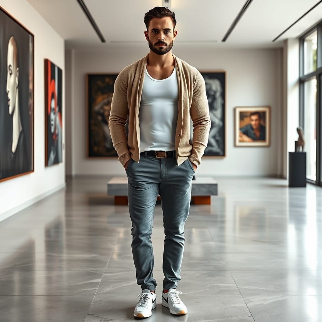 Masculine Figure in Art Gallery, Expressive Realism