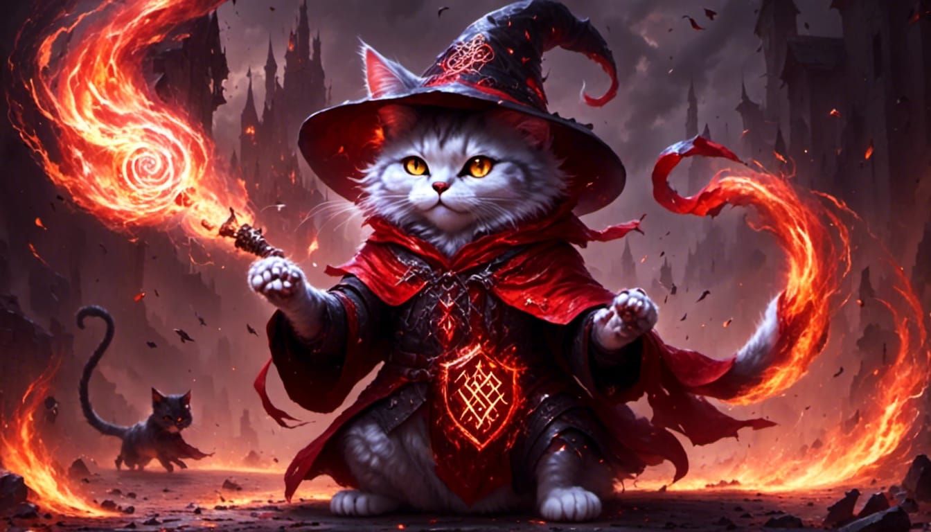 Wizard Cat Controls Fire Tornado with Runes