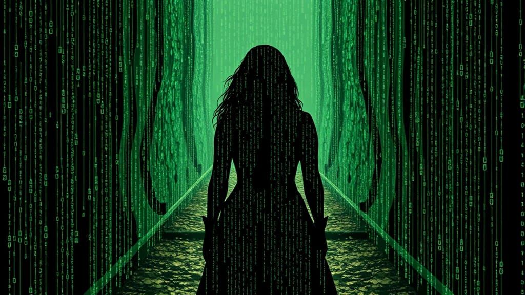 Ethereal Woman Navigates Glowing Matrix Paths