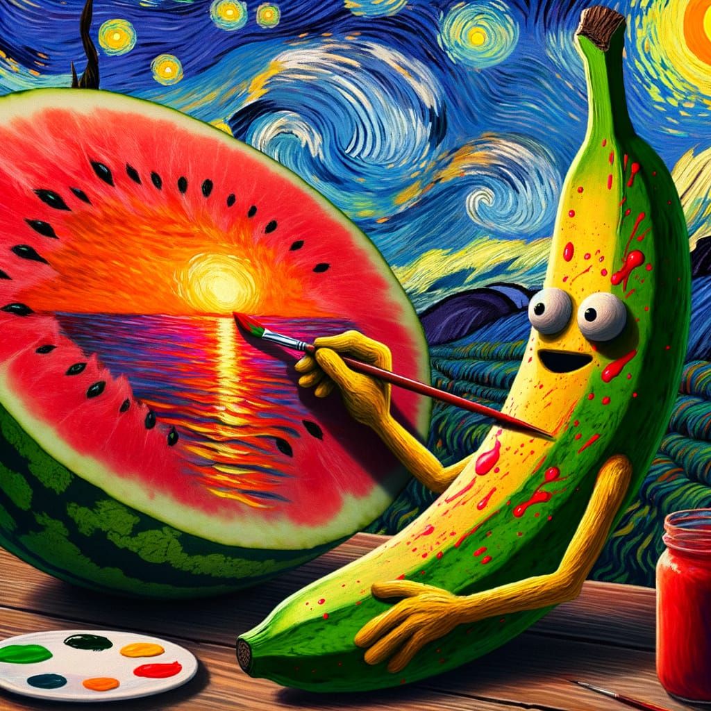 Banana Paints Watermelon Sunset in Van Gogh Style