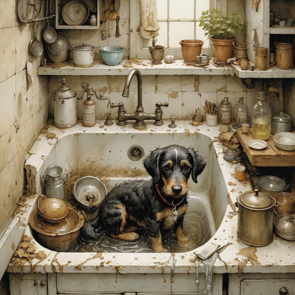 Boy Bathes Dog: Intricate Children's Illustration