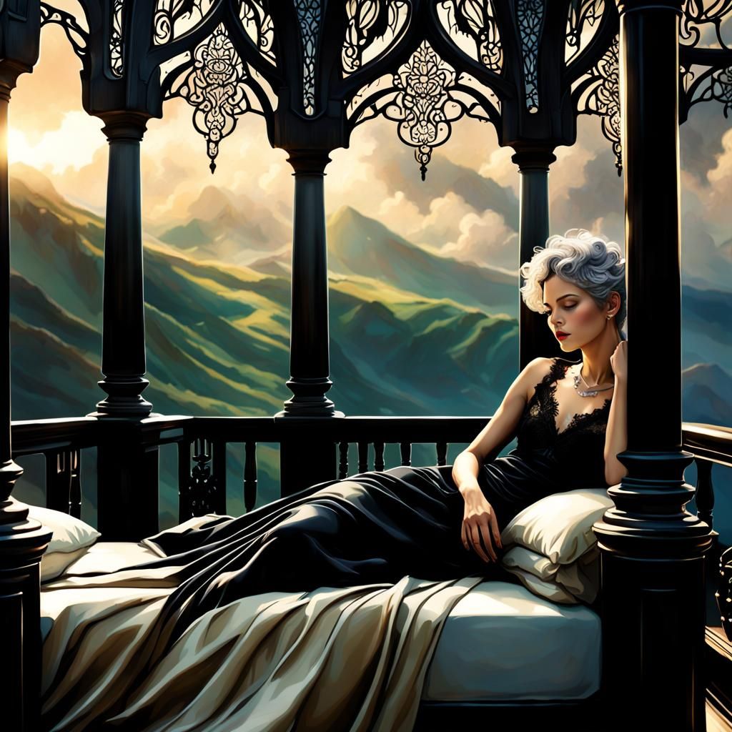 Sleeping Woman in Black Lace: Digital Art