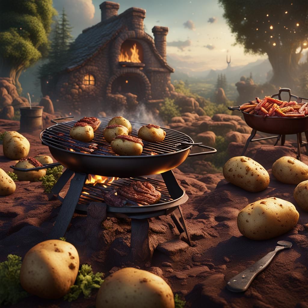 Potatoes Family BBQ in Detailed Matte Painting Style
