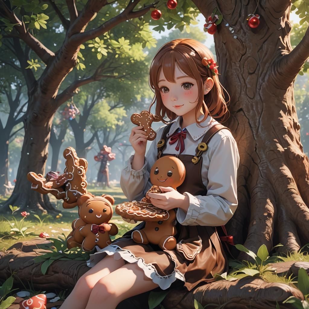 Anime Girl Eating Gingerbread Man: 3D Render