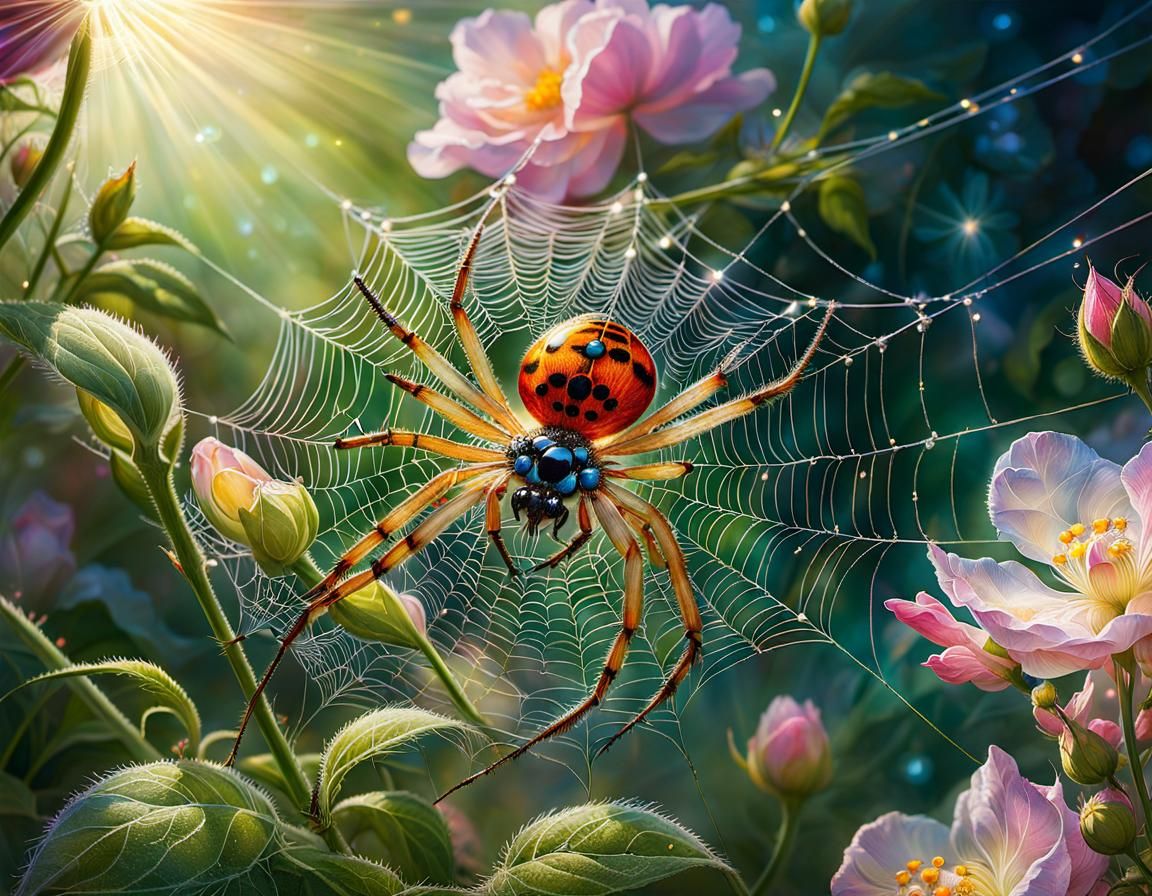 Bejeweled Spider Web in Sunlight