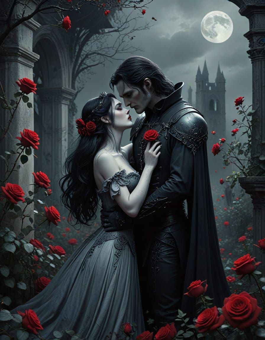 Regal Vampire Princess in Moonlit Gothic Garden