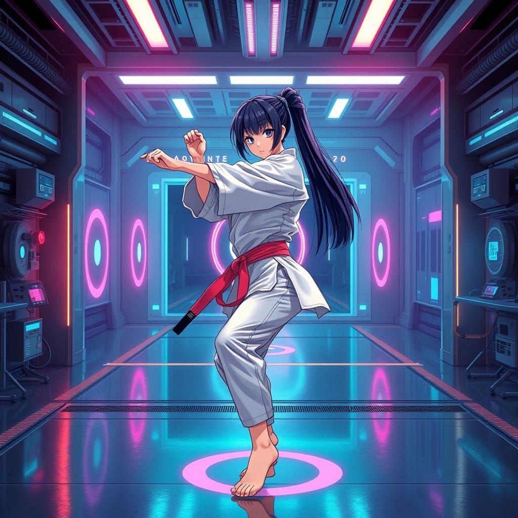 Anime Girl Training in Futuristic Dojo in Hyperreal Style