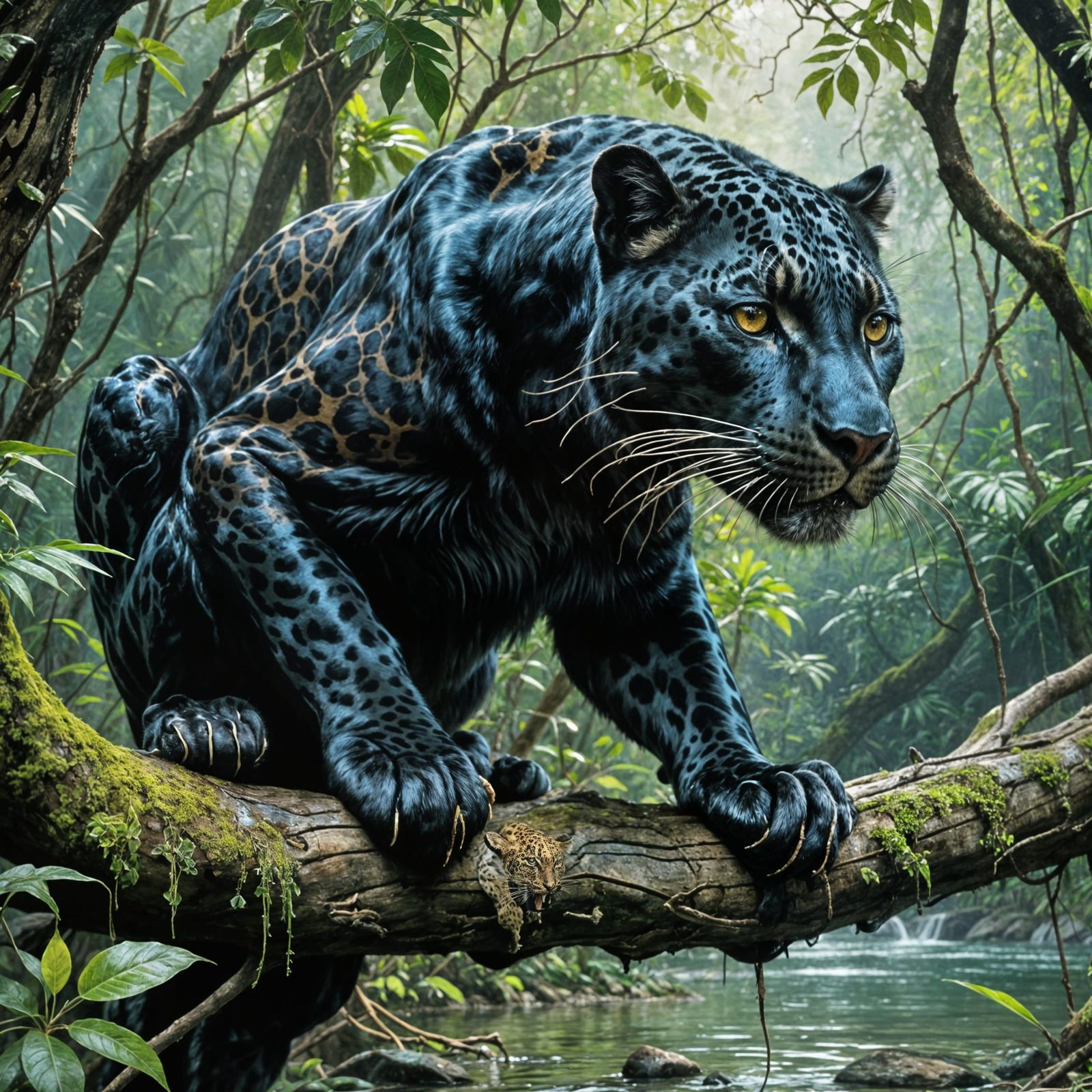 Black Leopard in Jungle River, Photorealistic Illustration