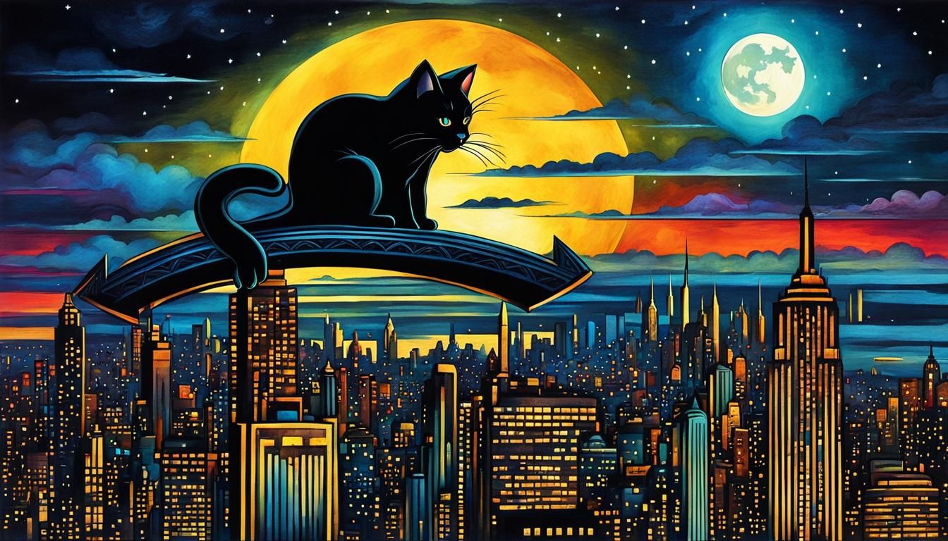 Art Deco Cat Climbs Moonlight Manhattan