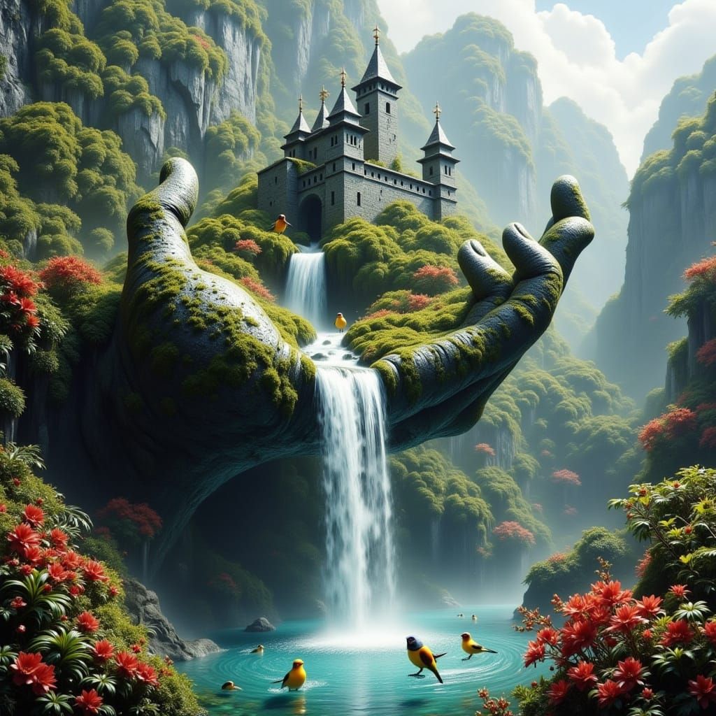 Mossy Stone Hand Cradling Waterfall Castle