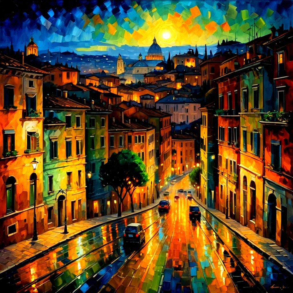 Rome Cityscape at Night: Expressionist Impasto Painting