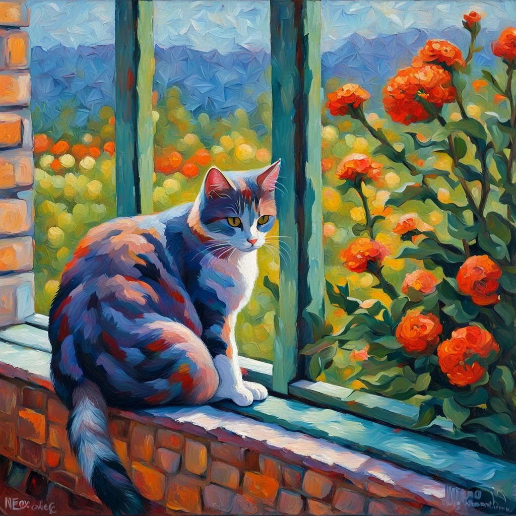 Sleepy Cat in Mysterious Garden, Neo-Impressionist Oil Paint...