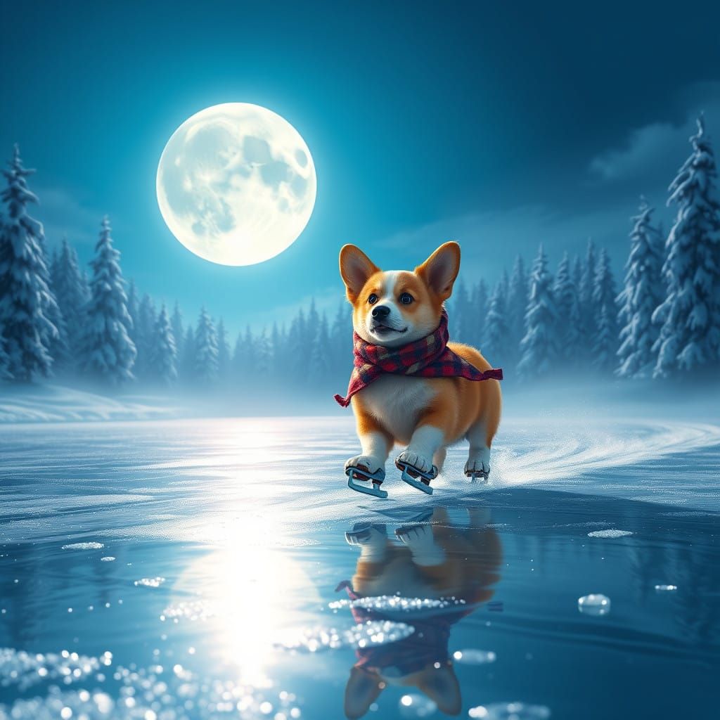 Corgi Ice Skating Under Celestial Glow