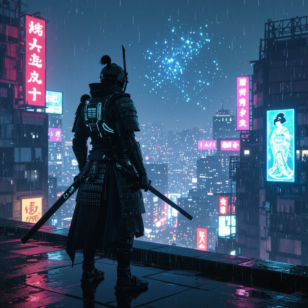 Cyberpunk Samurai in Rain-Slicked Metropolis
