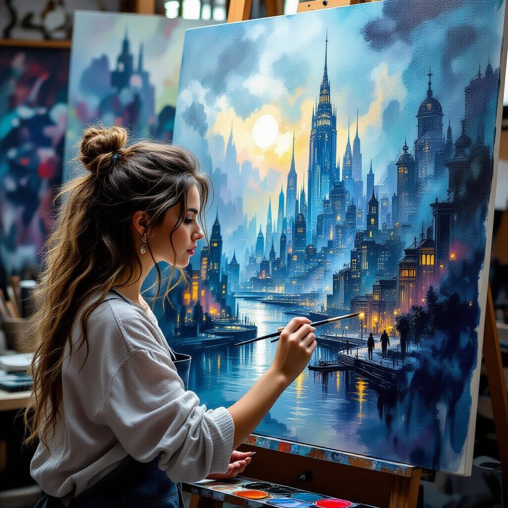 Woman Paints Futuristic City in Serene Watercolour Style