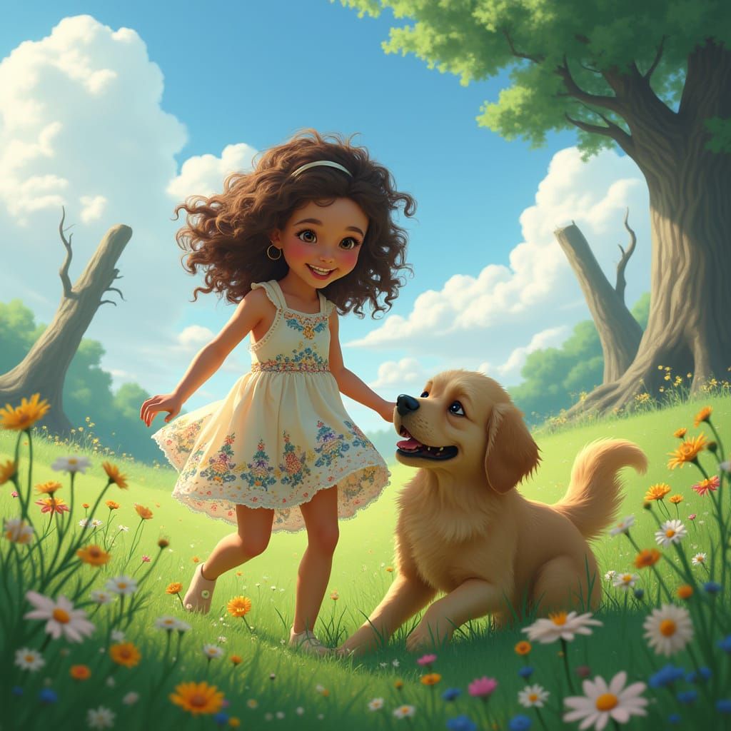 Luminous Girl Plays with Dog in Enchanted Meadow