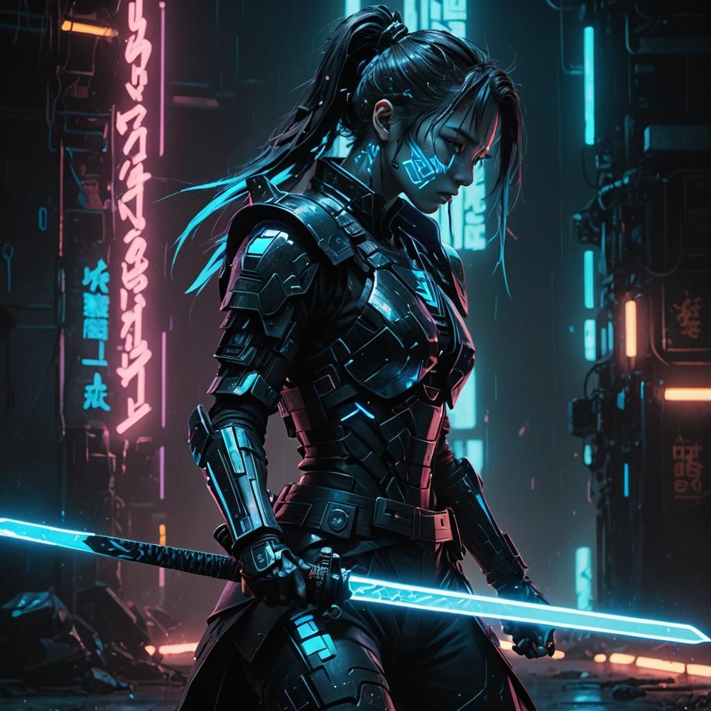 Cyberpunk Warrior Shatters Prismatic Being in Neon Light