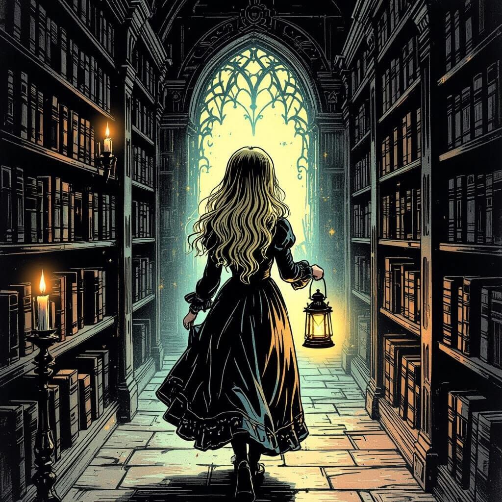 Gothic Library: Woman with Lantern and Magical Portal
