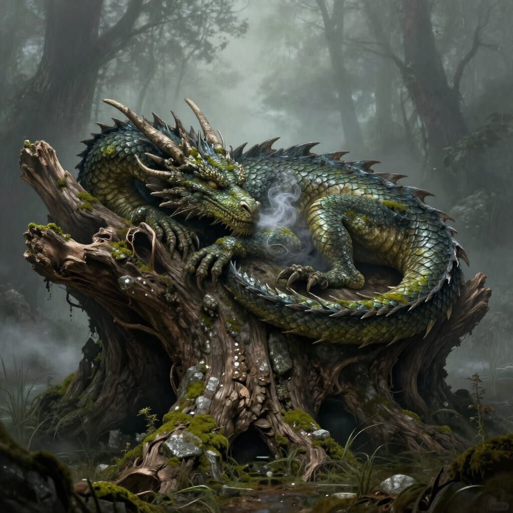 Ancient Dragon Rests on Petrified Stump in Misty Swamp