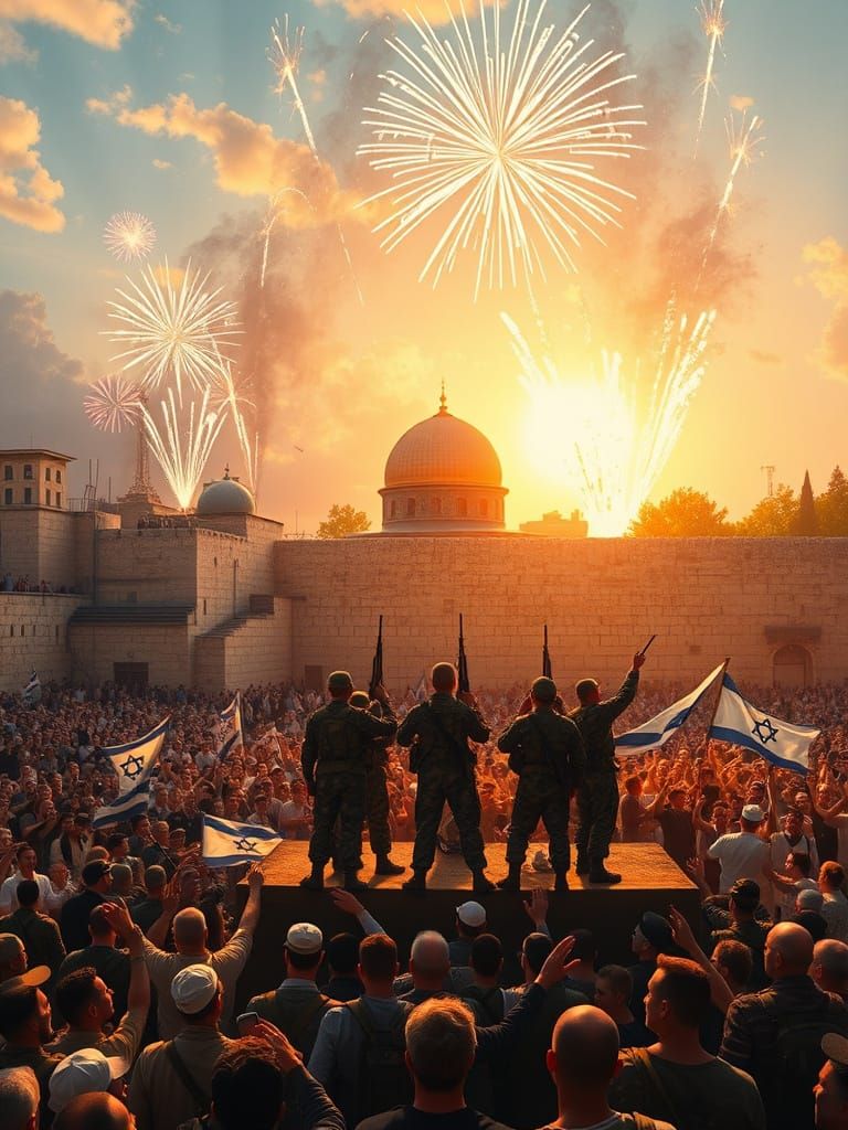 Victorious Israeli Celebration at Western Wall Plaza in Gold...