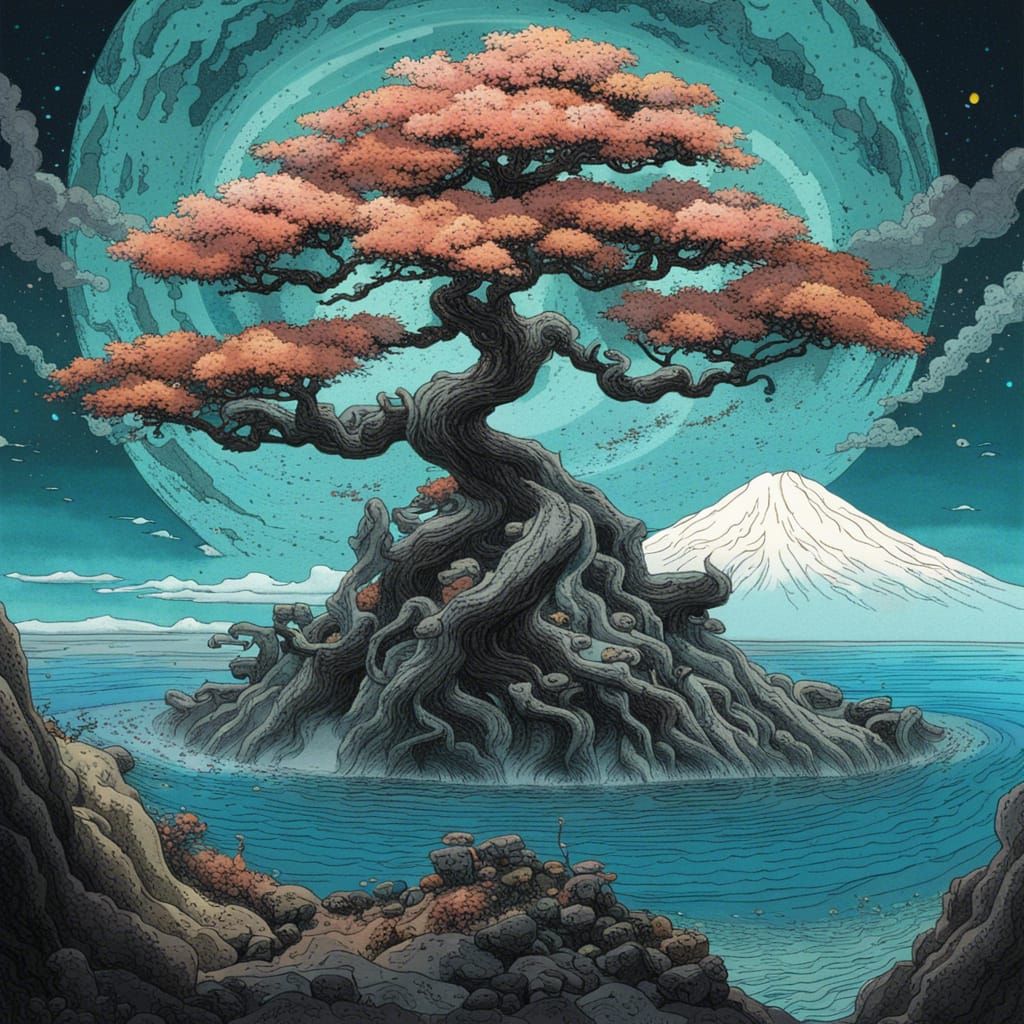 Anime Bonsai Tree with Mount Fuji and Supernova