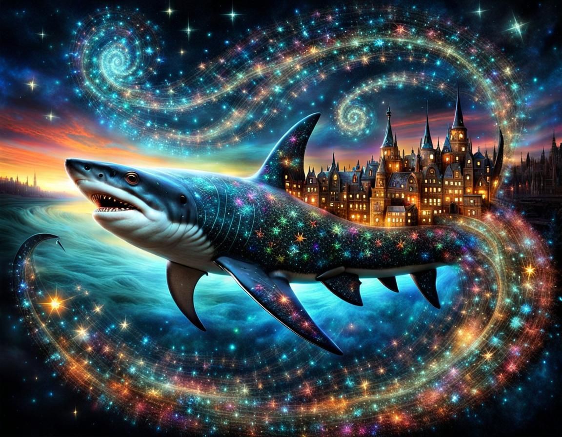 Surreal Galactic Shark in a Starry Spiral