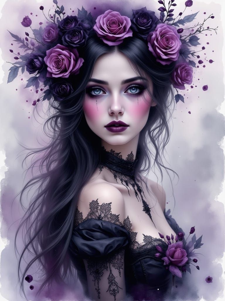 Adult Goth Character in Dark Fantasy Watercolor