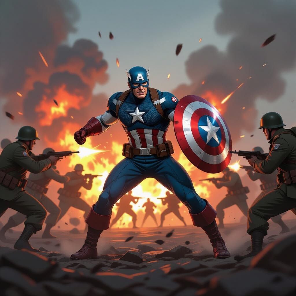 Captain America Defends Troops on WWII Battlefield