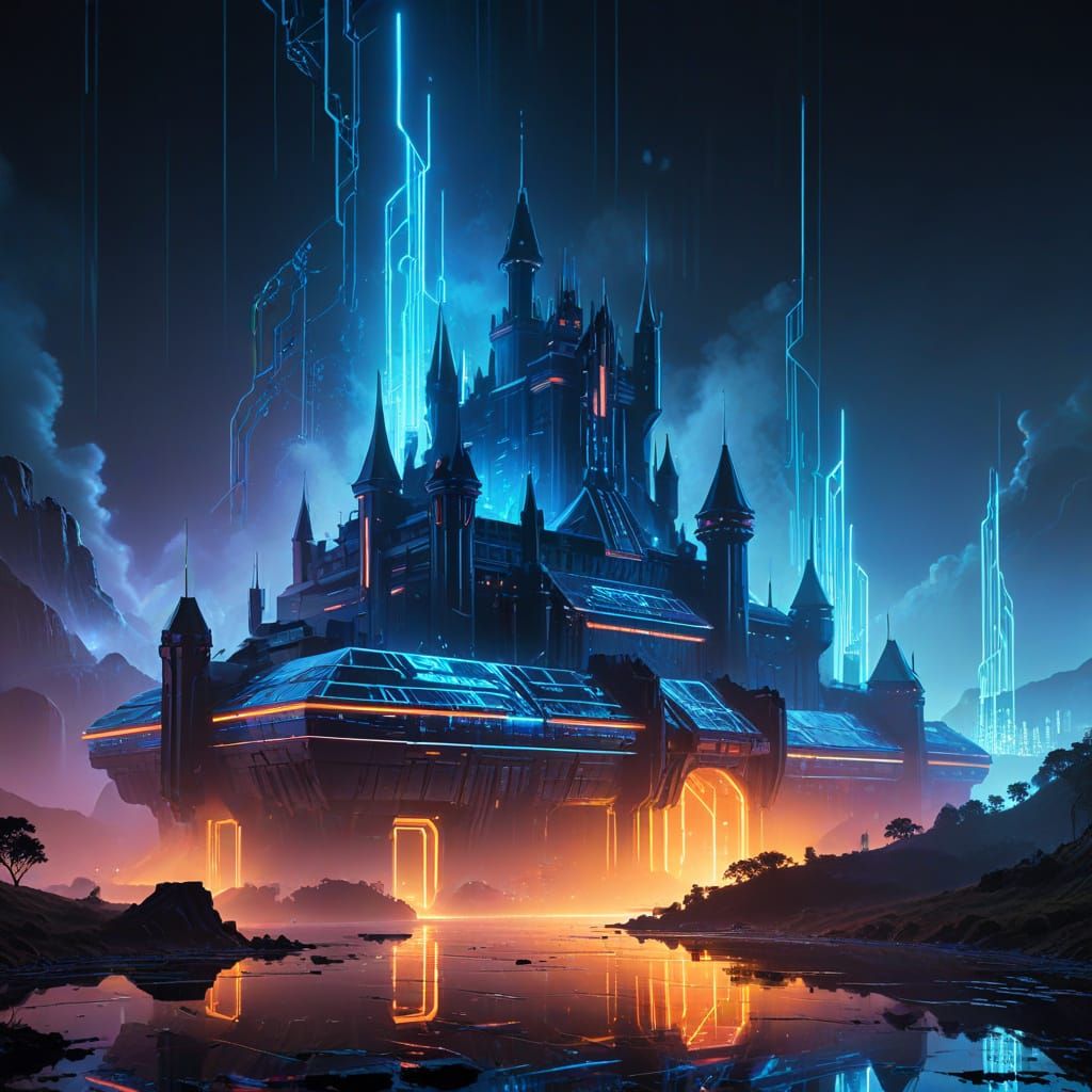 Tron-Inspired Disney Castle in Digital Future Landscape