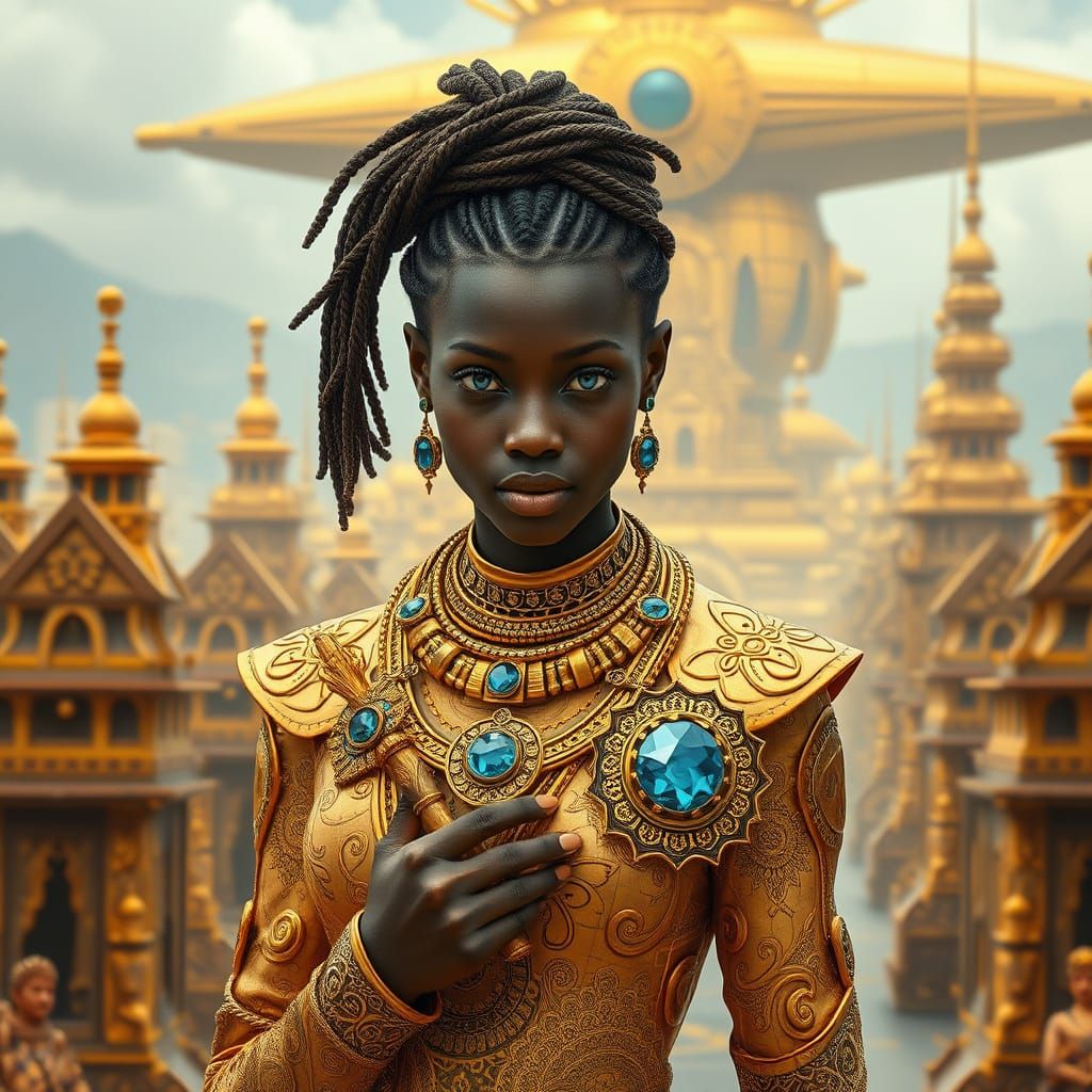Futuristic African Woman in Golden City, Hyperrealistic Styl...