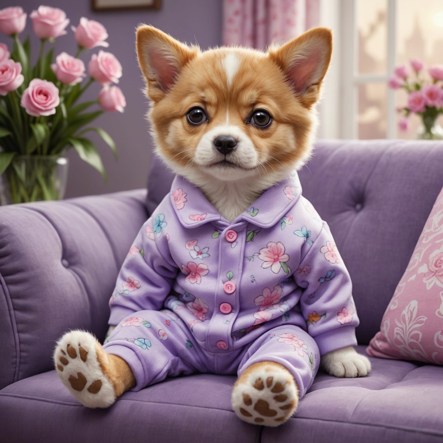 Dog in Pajamas on Couch: Detailed Cozy Painting