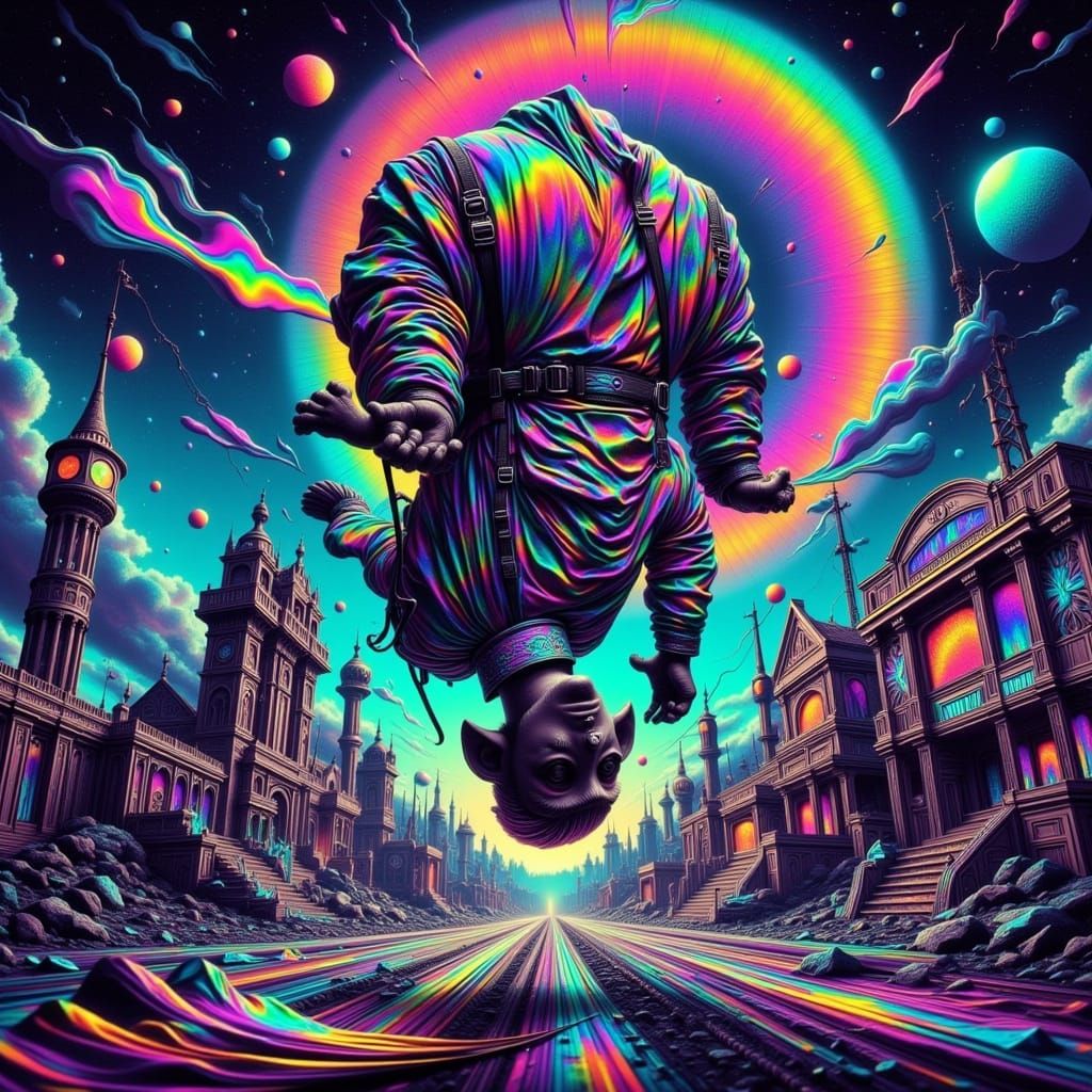 Vibrant Ring-tailed Lemur in a Surreal Carnival Landscape