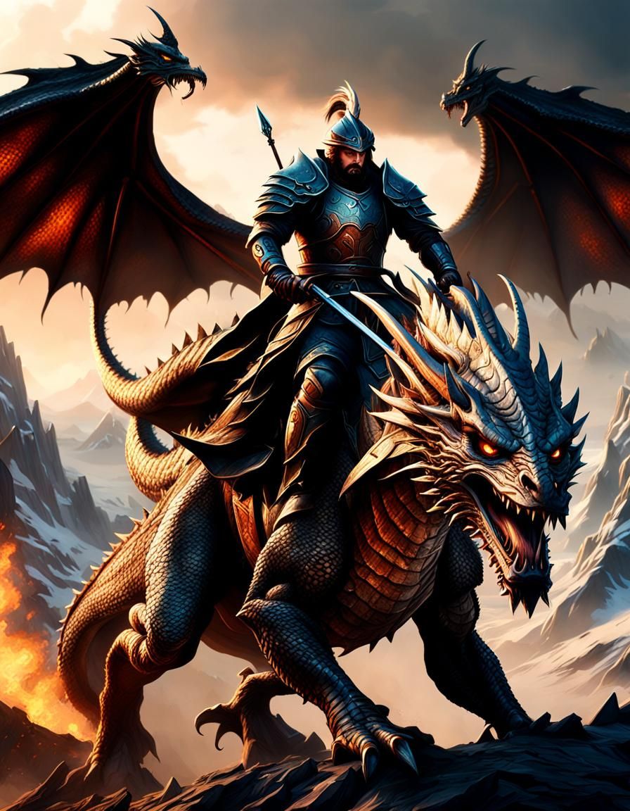 "A warrior riding a dragon"