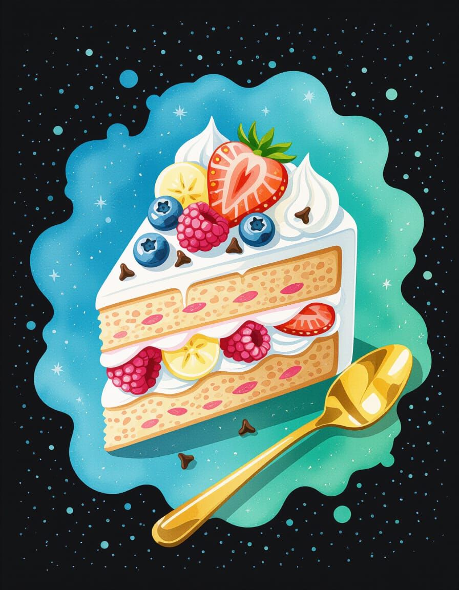 Strawberry Cake Slice with Watercolor Art