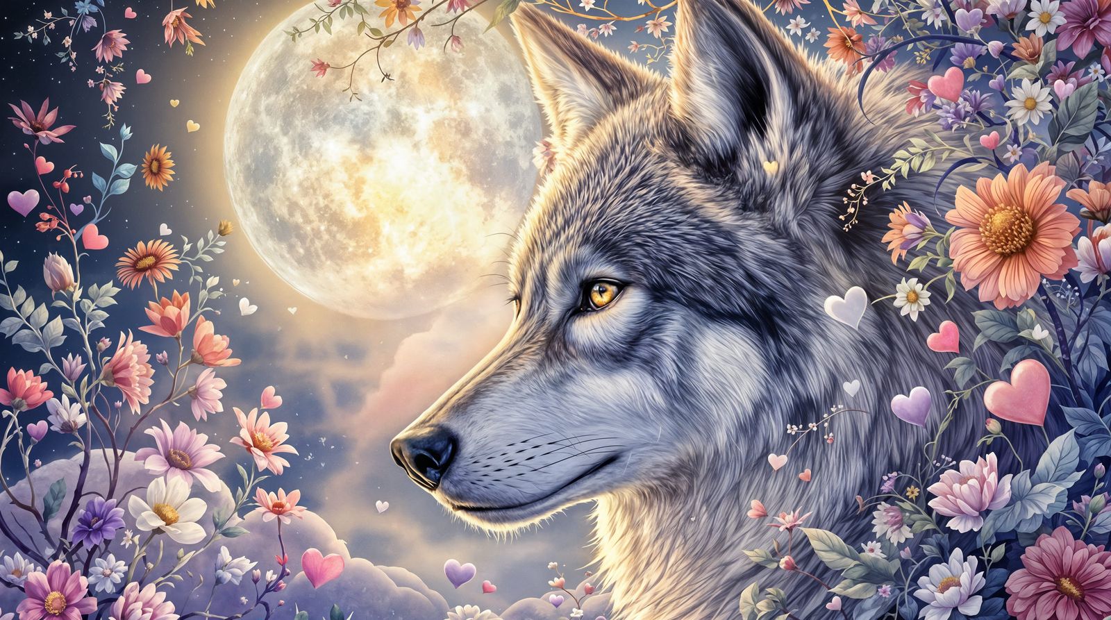 Romantic Wolf Portrait in Full Moonlight