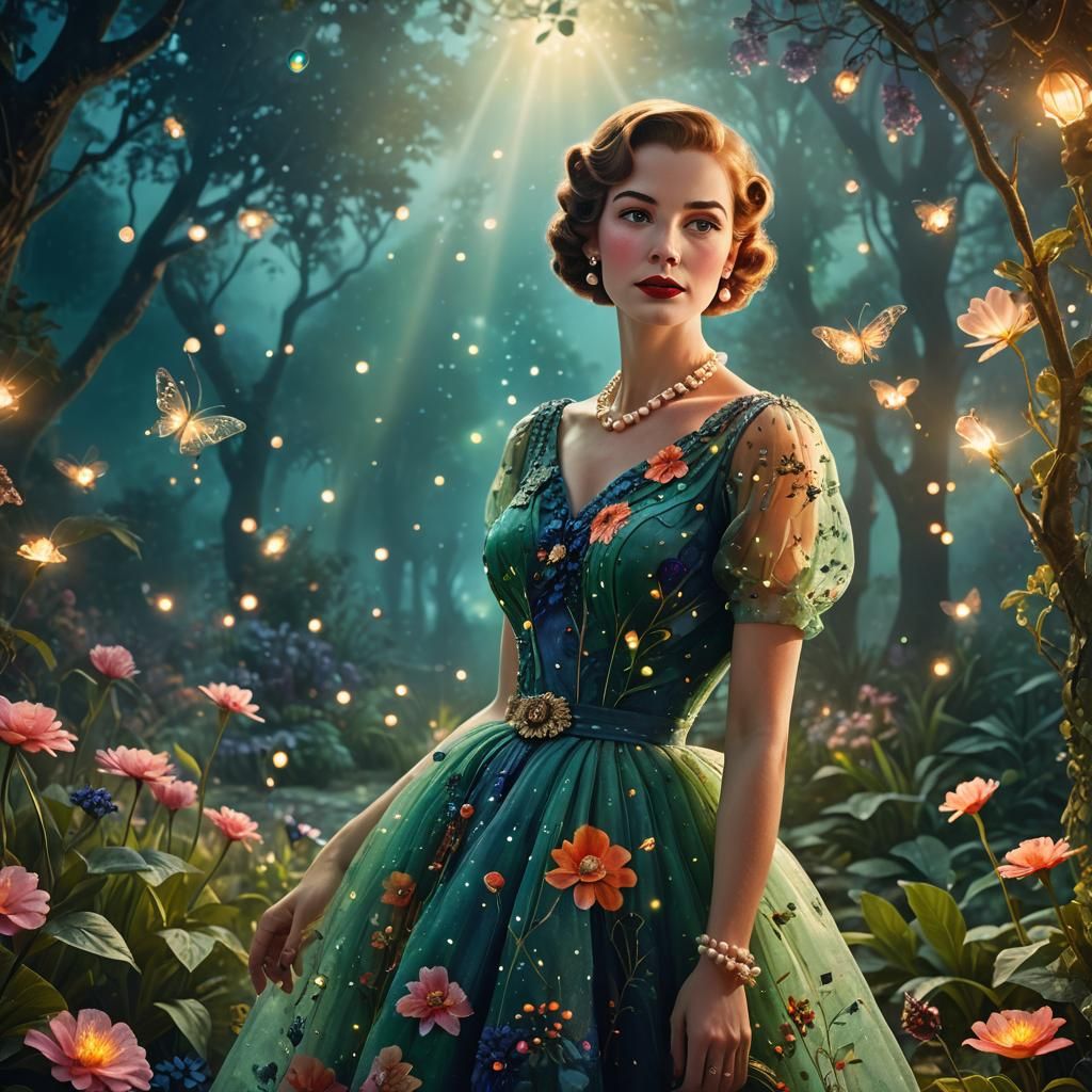 Misty Garden: Woman in Floral Dress, Fantasy Art