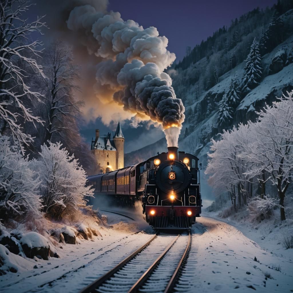 Steam Locomotive at Medieval Castle in Winter Night